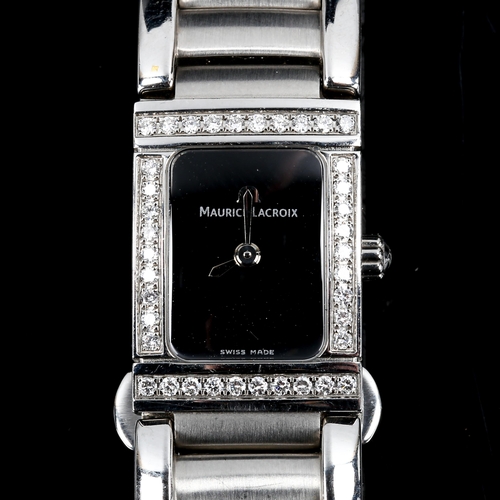 93 - MAURICE LACROIX - a lady's stainless steel Miros quartz bracelet watch, ref. 32823, black dial with ... 