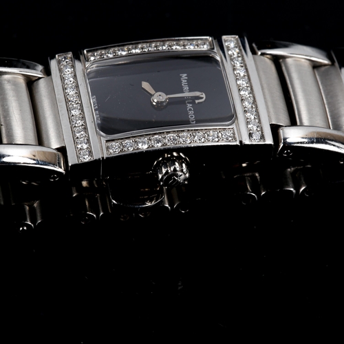 93 - MAURICE LACROIX - a lady's stainless steel Miros quartz bracelet watch, ref. 32823, black dial with ... 