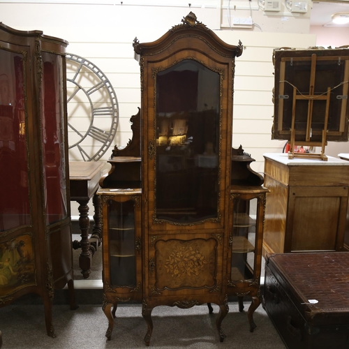 1289 - An ornate 19th century walnut and marquetry inlaid vitrine cabinet, flanked by smaller side cabinets... 