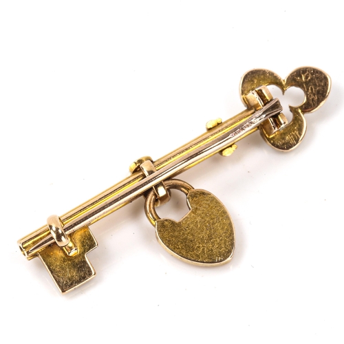 236 - A Victorian pearl 'key to my heart' sweetheart brooch, unmarked gold settings with padlock drop, key... 