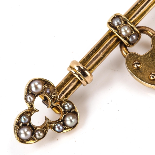 236 - A Victorian pearl 'key to my heart' sweetheart brooch, unmarked gold settings with padlock drop, key... 