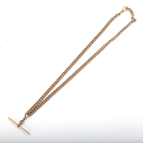 254 - An Antique 9ct rose gold hollow curb link Albert chain necklace, with T-bar and dog-clip, chain leng... 