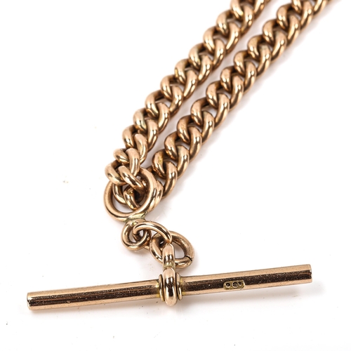 254 - An Antique 9ct rose gold hollow curb link Albert chain necklace, with T-bar and dog-clip, chain leng... 