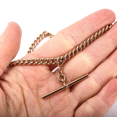 254 - An Antique 9ct rose gold hollow curb link Albert chain necklace, with T-bar and dog-clip, chain leng... 