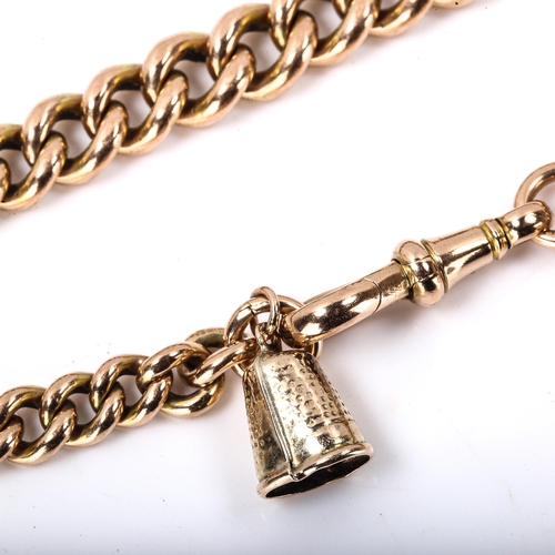 256 - An Antique 9ct rose gold graduated curb link chain bracelet, with dog-clip and walnut and thimble ch... 