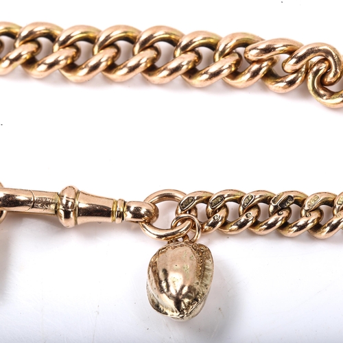 256 - An Antique 9ct rose gold graduated curb link chain bracelet, with dog-clip and walnut and thimble ch... 