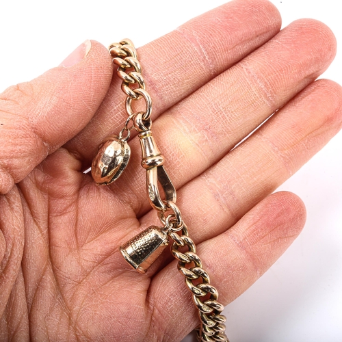 256 - An Antique 9ct rose gold graduated curb link chain bracelet, with dog-clip and walnut and thimble ch... 