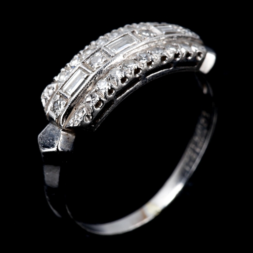 260 - A modern platinum diamond half hoop ring, set with baguette and single-cut diamonds, total diamond c... 