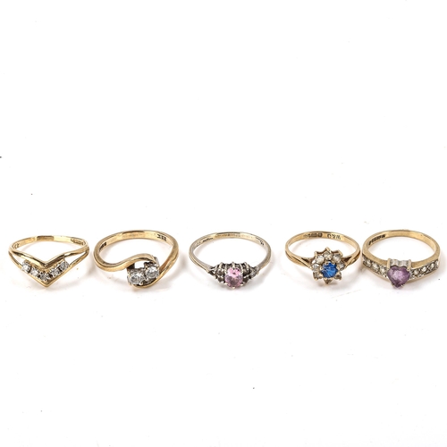 263 - 5 x 9ct gold stone set rings, sizes I, J, K, L and M, 7.5g total (5)