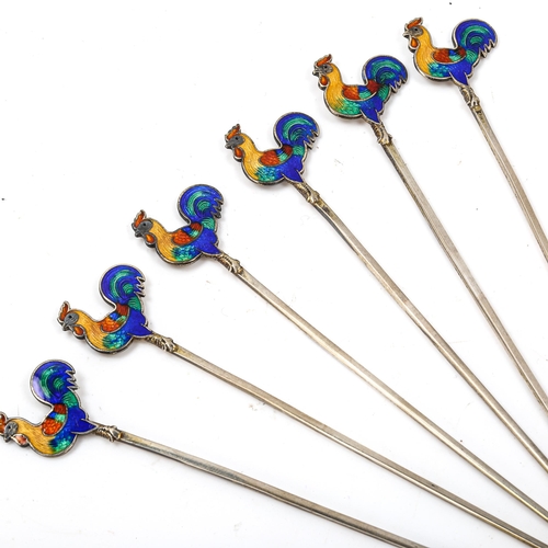 264 - A cased set of 6 Art Deco sterling silver and enamel cockerel cocktail sticks, length 8cm