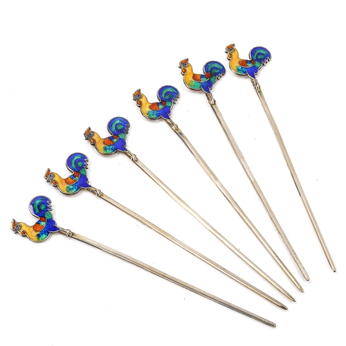 264 - A cased set of 6 Art Deco sterling silver and enamel cockerel cocktail sticks, length 8cm