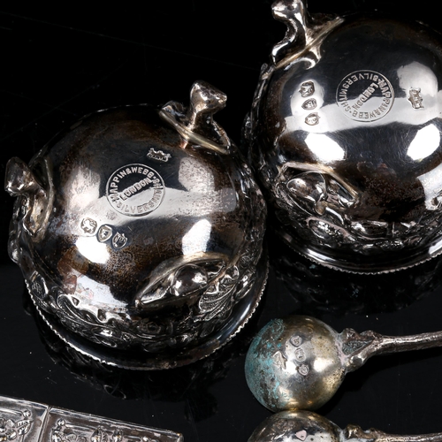 265 - A pair of Victorian silver salt cellars and branch spoons, retailed by Mappin & Webb, and a small si... 