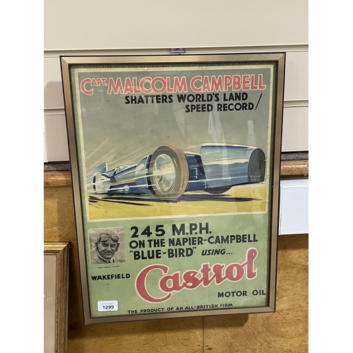 1299 - An original advertising poster for Castrol Motor Oil, depicting Malcolm Campbell's Bluebird, framed,... 