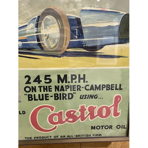 1299 - An original advertising poster for Castrol Motor Oil, depicting Malcolm Campbell's Bluebird, framed,... 