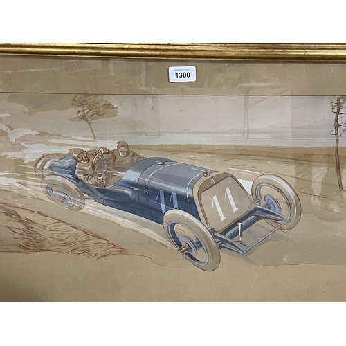 1300 - After E Montaut, motor racing lithograph, framed, overall 48cm x 92cm