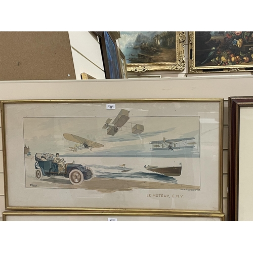 1301 - After Gamy, lithograph, an aircraft motor car and boats, 