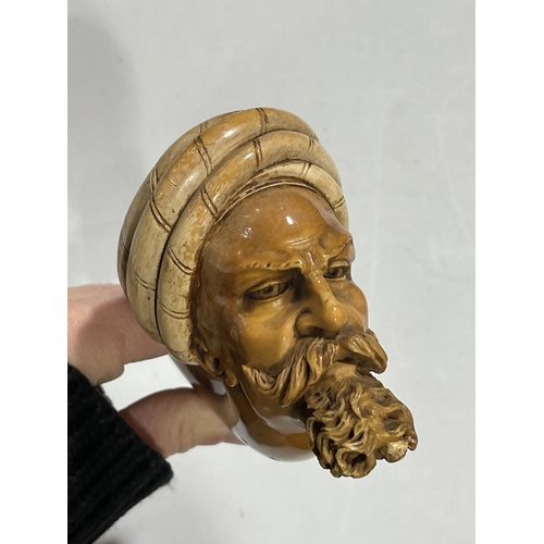 1305 - A large 19th century carved Meerschaum pipe, in the form of an Arab man wearing a turban, silver and... 