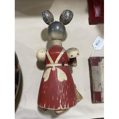 1177 - A Vintage carved wood mouse design money box, height 26cm, and a hand painted Mickey Mouse design tr... 