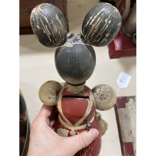 1177 - A Vintage carved wood mouse design money box, height 26cm, and a hand painted Mickey Mouse design tr... 