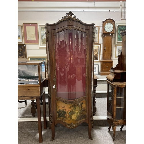 1288 - A French walnut and ormolu-mounted vitrine cabinet, with serpentine glass panels, and printed romant... 