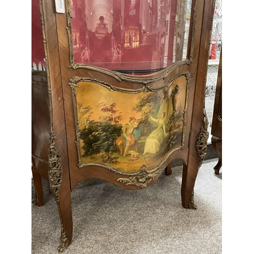 1288 - A French walnut and ormolu-mounted vitrine cabinet, with serpentine glass panels, and printed romant... 