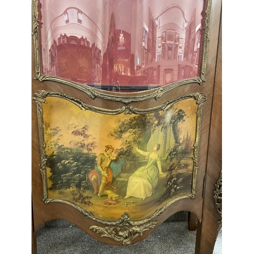 1288 - A French walnut and ormolu-mounted vitrine cabinet, with serpentine glass panels, and printed romant... 