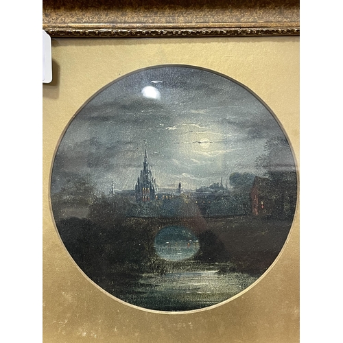 1551 - 19th century oil on board, moonlit landscape, unsigned, 22cm across, framed