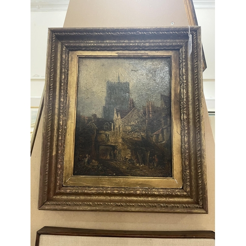 1587 - 19th century oil on board, street scene with cathedral, unsigned, 28cm x 22cm, framed