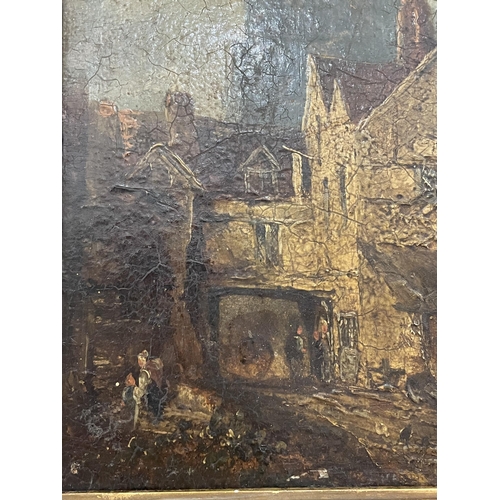 1587 - 19th century oil on board, street scene with cathedral, unsigned, 28cm x 22cm, framed