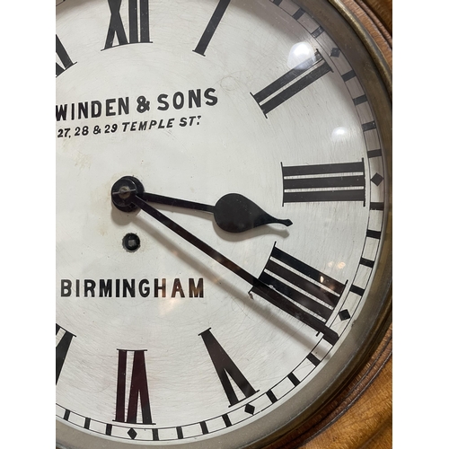 76 - A light oak-cased 30-hour circular dial wall clock, by Swinden & Sons of Birmingham, white enamel di... 