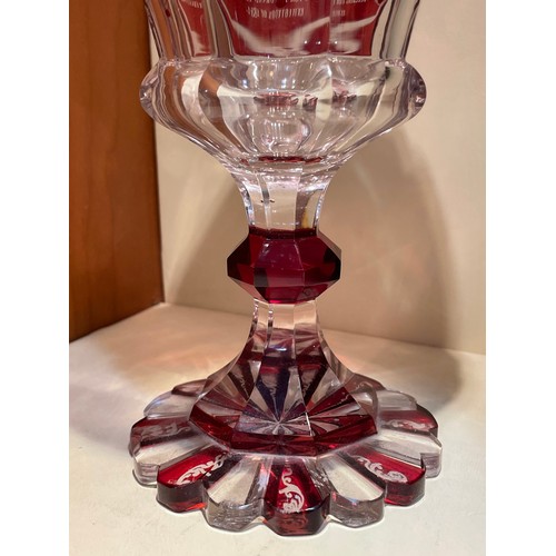 1137 - A 19th century Bohemian ruby overlay goblet and cover, with panel depicting the Crystal Palace Great... 