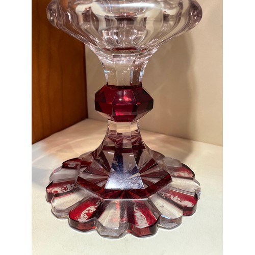 1137 - A 19th century Bohemian ruby overlay goblet and cover, with panel depicting the Crystal Palace Great... 