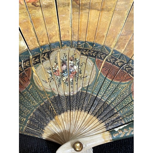 1185 - A 19th century hand painted ivory fan, length 18.5cm, and a bone arrow design fan with pierced decor... 