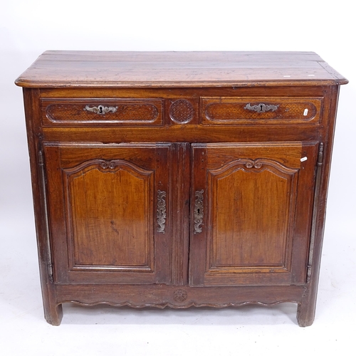 2083 - An 18th century oak sideboard, with 2 frieze drawers and cupboards under, with key, W125cm, H110cm, ... 