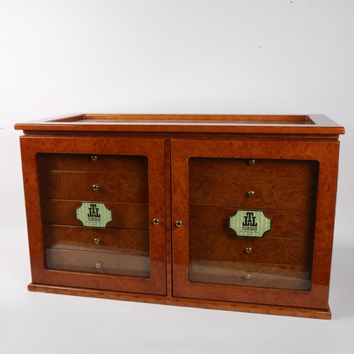 119 - A large Trinidad burr-walnut table-top cigar humidor cabinet, W66cm, H38cm, D30cm