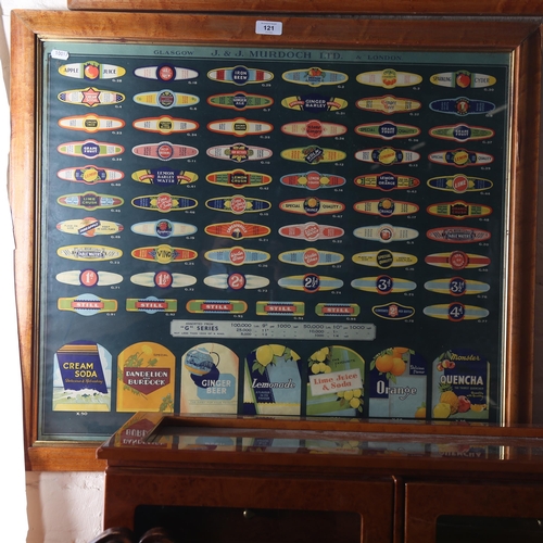 121 - 2 frames of J & J Murdoch Ltd bottle labels, including Cream Soda, Lemonade, Ginger Ale etc, overall... 