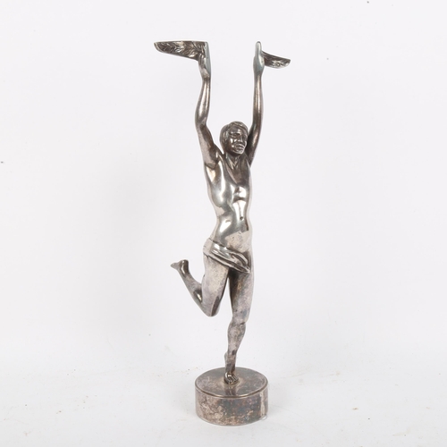 136 - An Art Deco electroplate figural running man trophy sculpture, unsigned, height 38cm