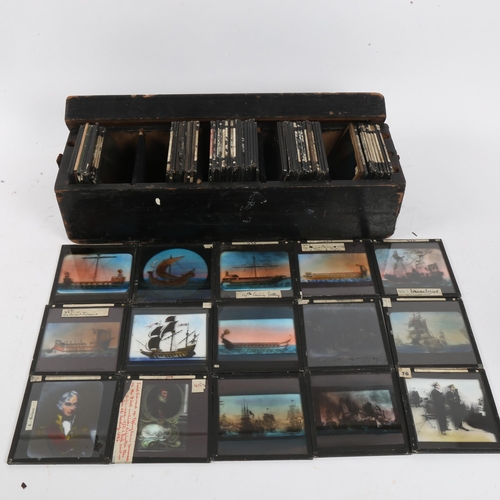 147 - A case of various 19th century Magic Lantern slides, including religious, warships etc