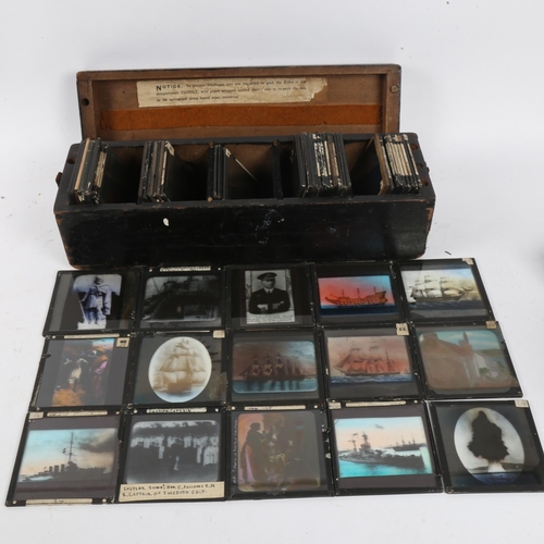 147 - A case of various 19th century Magic Lantern slides, including religious, warships etc