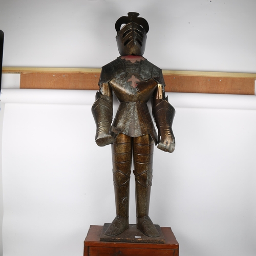 156 - A small scale steel knight's armour display, on pine base, overall height 127cm