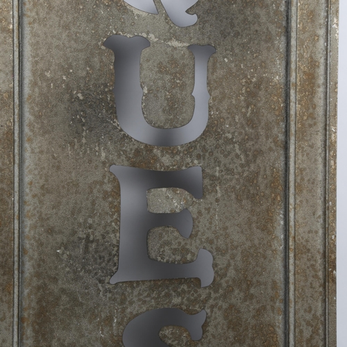 163 - An acid washed aluminium Antiques stencil shop sign, framed, overall 150cm x 44cm