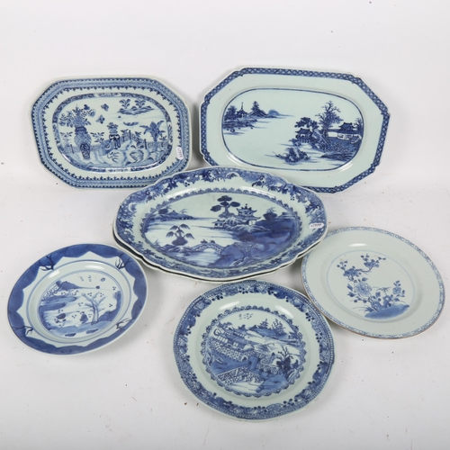 188 - A quantity of Chinese blue and white dinner and serving plates, largest length 36cm (7)