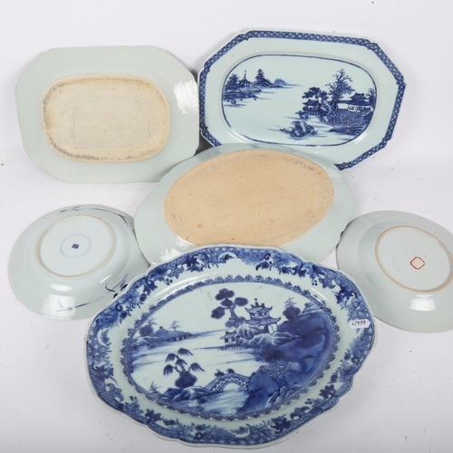 188 - A quantity of Chinese blue and white dinner and serving plates, largest length 36cm (7)