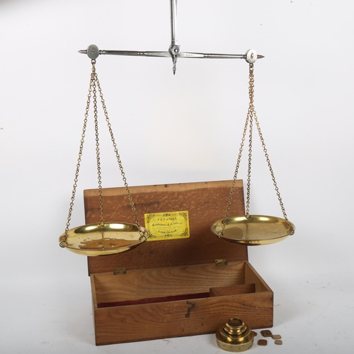 193 - A pair of Antique Avery brass and steel balance scales and weights, in original pine case