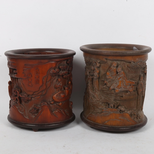 201 - 2 Chinese bamboo brush pots, relief carved decoration and character marks, largest height 17cm