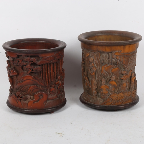 201 - 2 Chinese bamboo brush pots, relief carved decoration and character marks, largest height 17cm