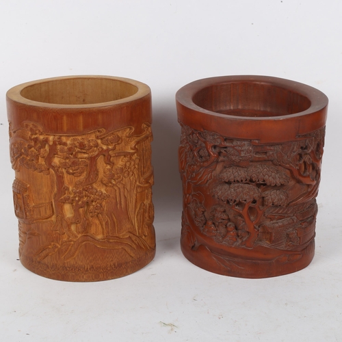 202 - 2 Chinese bamboo brush pots, relief carved decoration with character marks, largest height 18cm