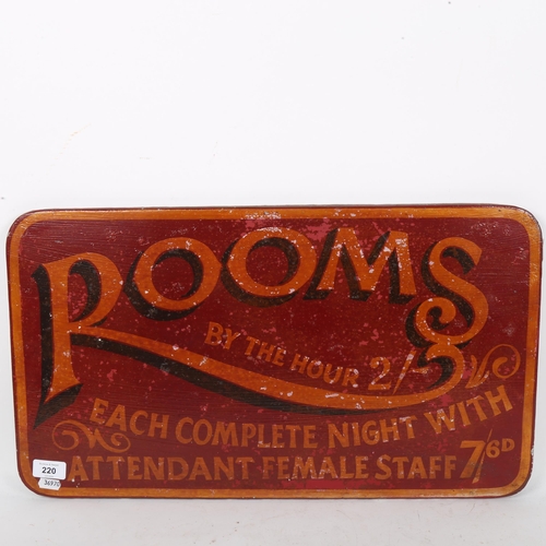 220 - A Vintage hand painted hotel advertising room sign, Rooms By The Hour, Each Complete Night With Atte... 