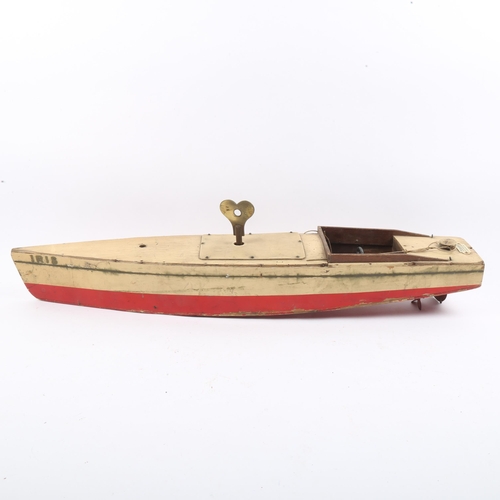 95 - HAMLEYS - a Vintage painted wood Iris clockwork motor launch boat, length 63cm