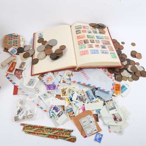 229 - Various Vintage world postage stamps, coins, thimbles and mauchline ware desk set (boxful)